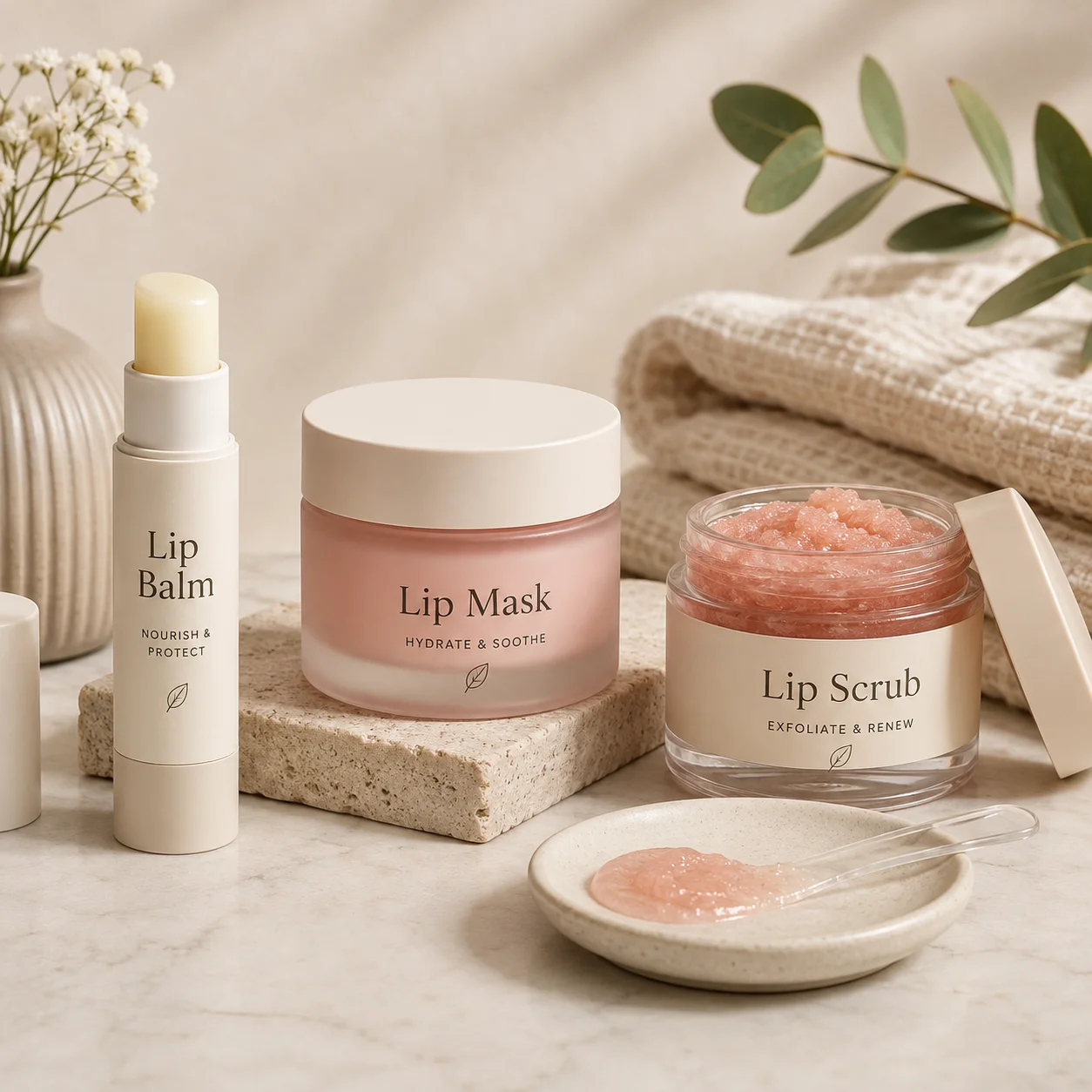 A set of lip care products including a lip balm, lip mask, and lip scrub displayed on a marble surface with decorative elements.