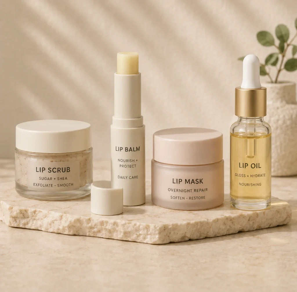 Four lip care products, including a scrub, balm, mask, and oil, displayed on a stone surface with soft natural lighting.