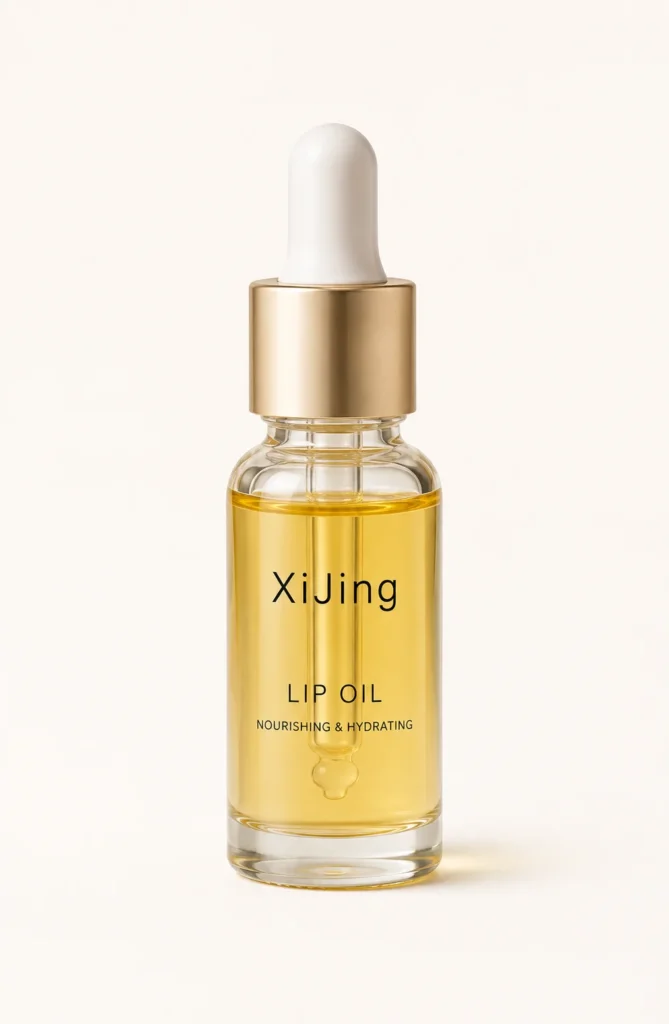 A clear glass bottle of lip oil with a golden cap and dropper, labeled 'XiJing Lip Oil Nourishing & Hydrating,' on a beige background.