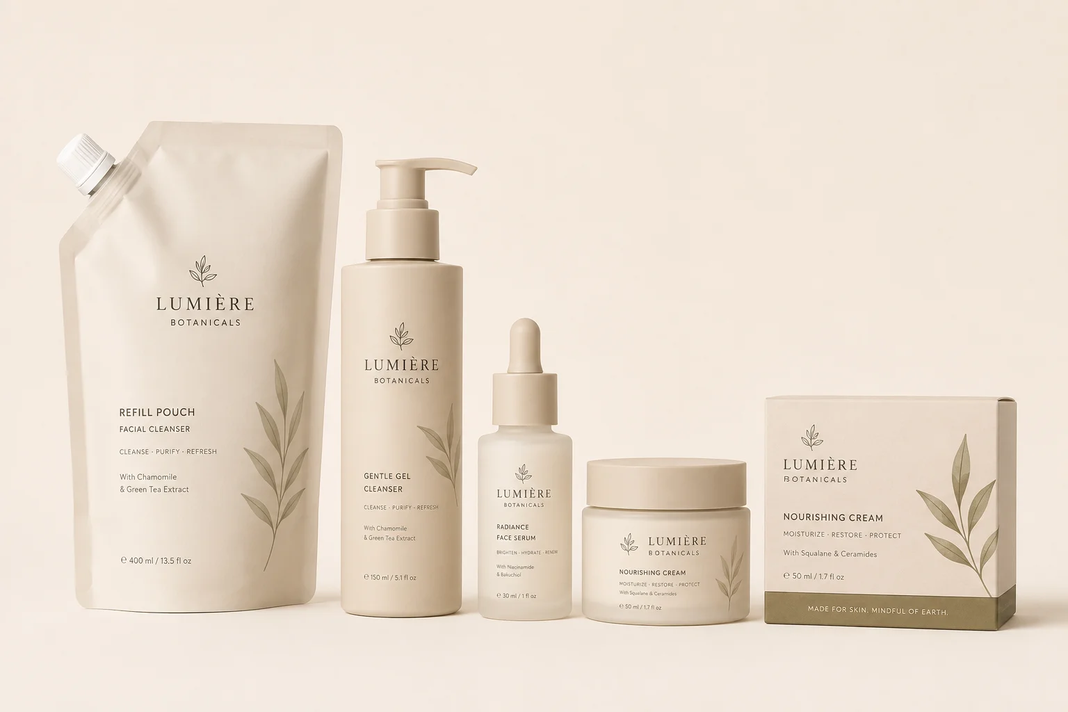 Lumière Botanicals skincare products including a refill pouch, gel cleanser, face serum, nourishing cream, and its packaging, displayed on a neutral background.