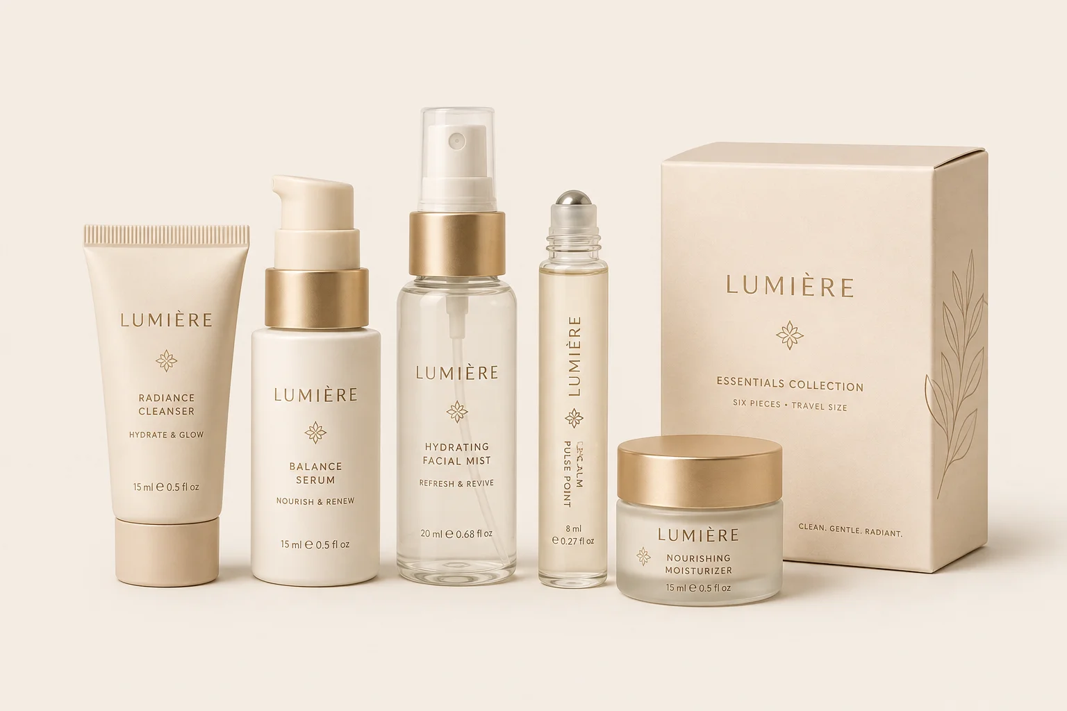 Lumière skincare essentials collection featuring six travel-size products, including a cleanser, serum, facial mist, roll-on oil, moisturizer, and packaging.