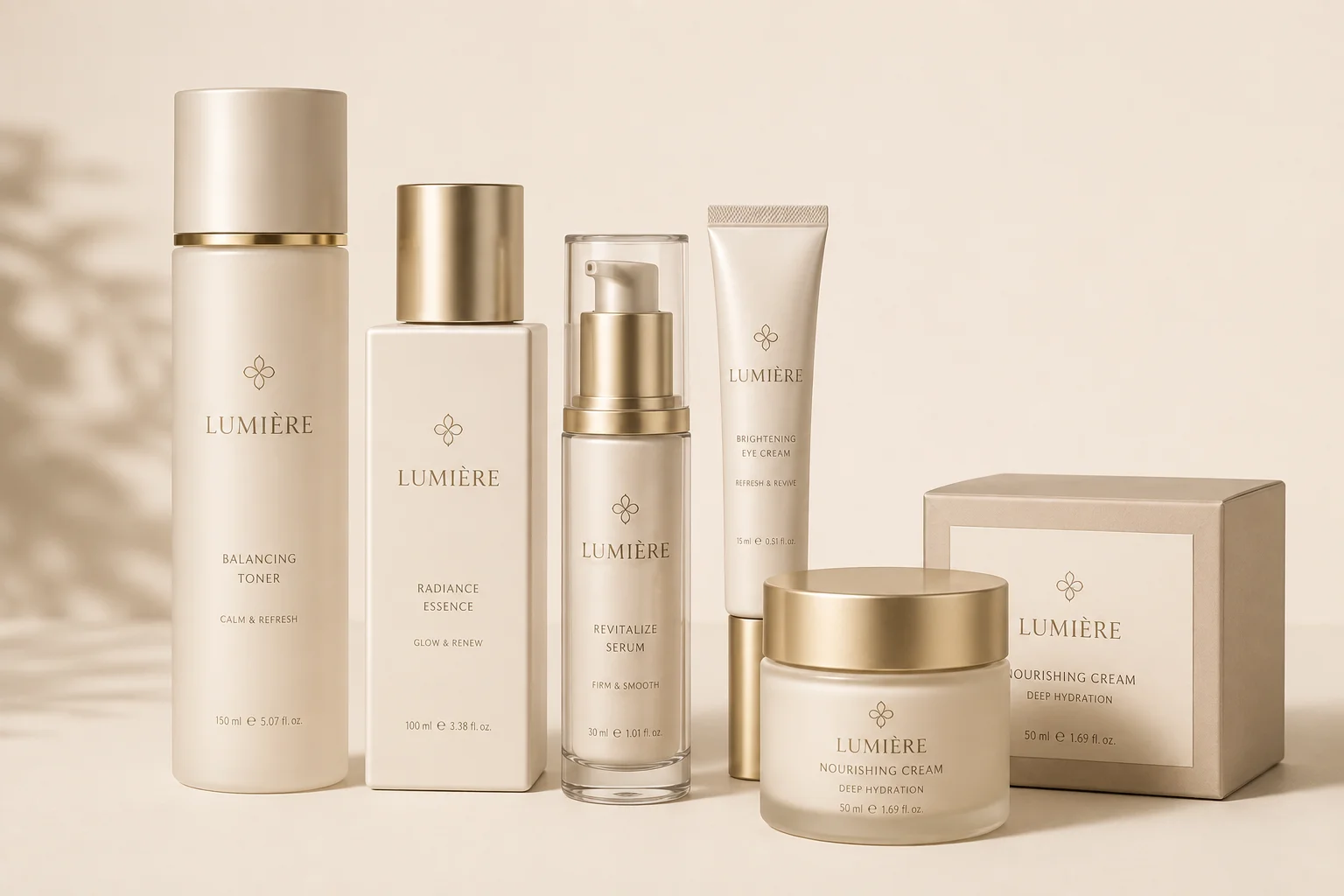 A collection of Lumière skincare products including balancing toner, radiance essence, revitalizing serum, brightening eye cream, and nourishing cream, displayed on a beige background.