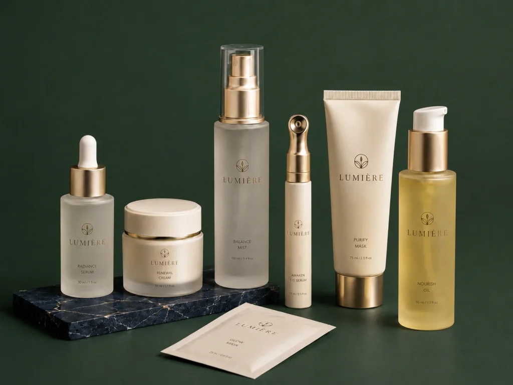 Lumière skincare products, including radiance serum, renewal cream, balance mist, awaken eye serum, purify mask, nourish oil, and a glow mask packet, arranged on a dark green background.