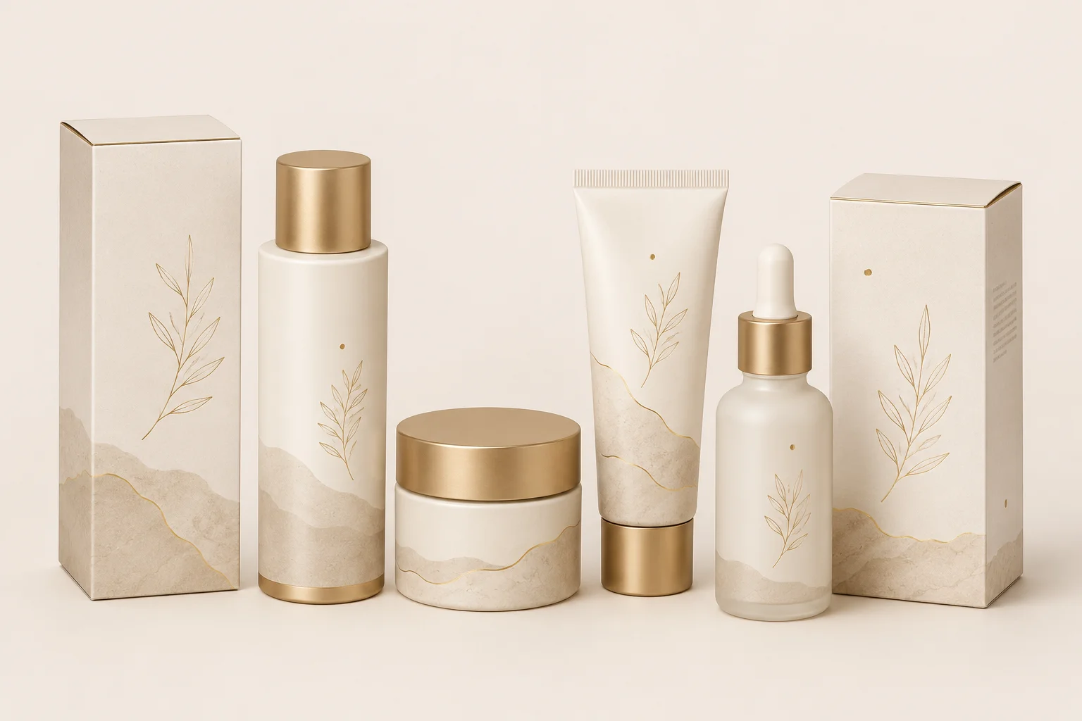 Set of minimalist skincare products with gold and beige packaging, featuring natural leaf illustrations on bottles, jars, and boxes.