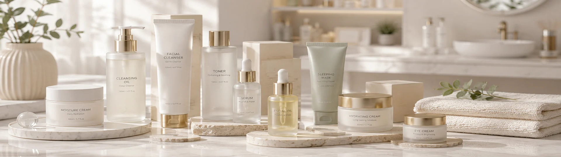 A selection of luxury skincare products including creams, oils, and cleansers with elegant packaging displayed on a marble bathroom counter.