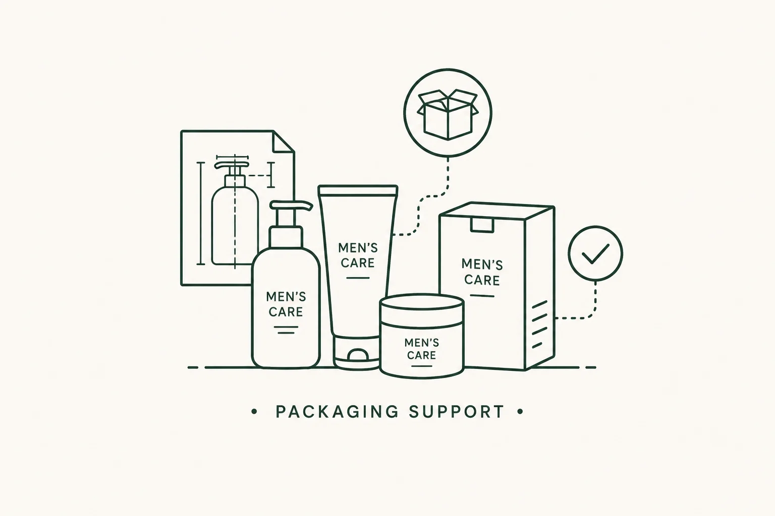 Illustration of men's care product packaging, including bottles, tubes, a box, and a design blueprint with icons for a package and a checkmark, emphasizing packaging support.