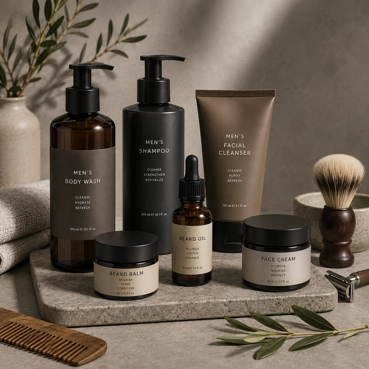 A collection of men's grooming products, including body wash, shampoo, facial cleanser, beard balm, beard oil, and face cream, arranged on a stone countertop with a comb, razor, and shaving brush.