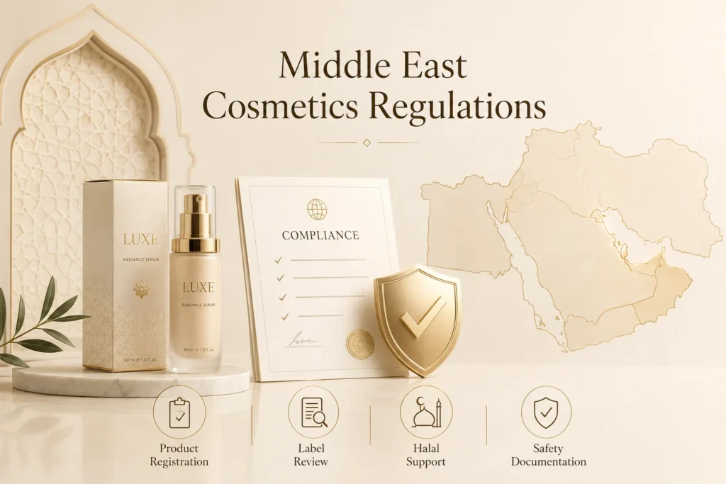 Elegant arrangement featuring cosmetics packaging, compliance documentation, and icons depicting Middle East regulations for product registration, label review, halal support, and safety documentation.