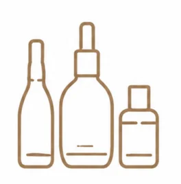 Simple brown outline illustration of three skincare bottles of various sizes, including a spray and a dropper bottle.
