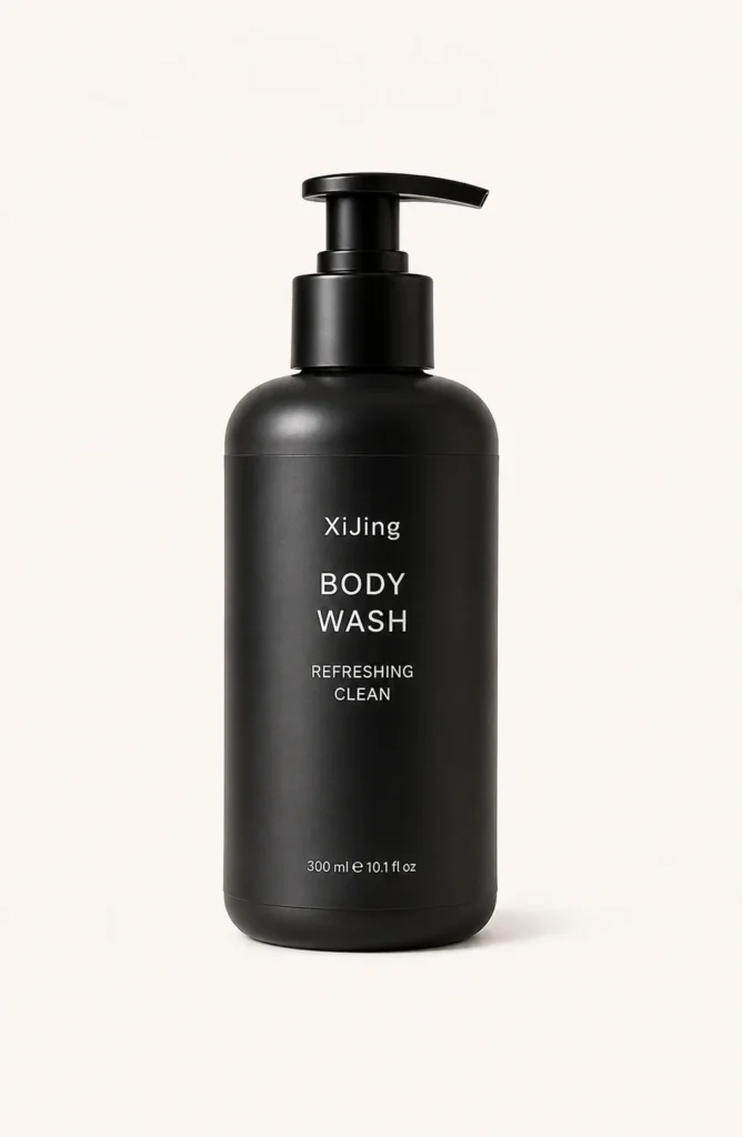 A sleek black pump bottle labeled 'XiJing Body Wash Refreshing Clean' against a neutral background.