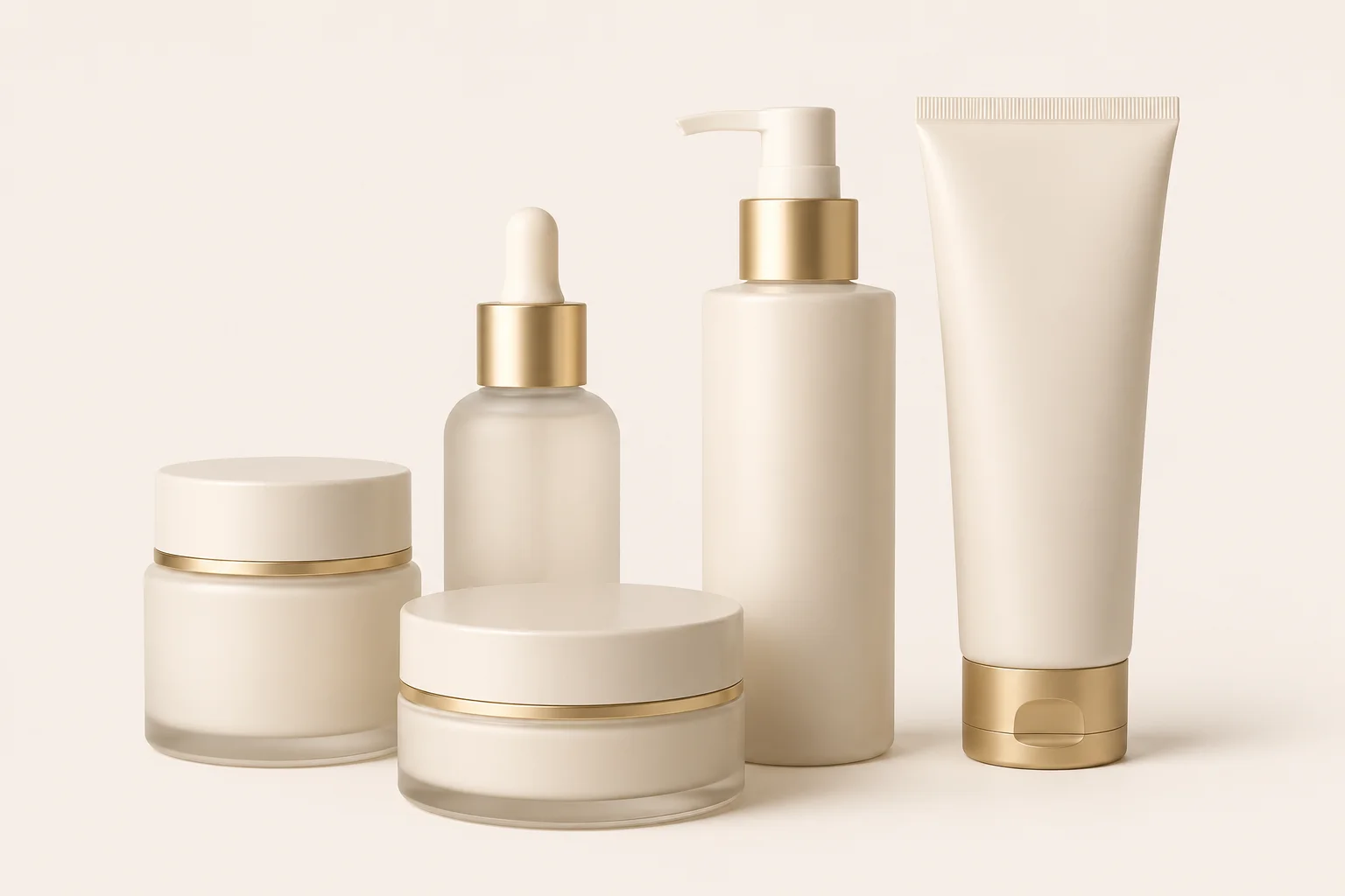 A collection of five skincare product containers with beige and gold details, including jars, a pump bottle, a dropper bottle, and a tube.