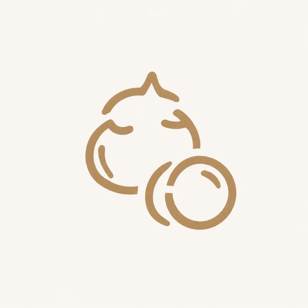 Simple brown line art depicting fruit, including an apple and a round fruit, against a light background.
