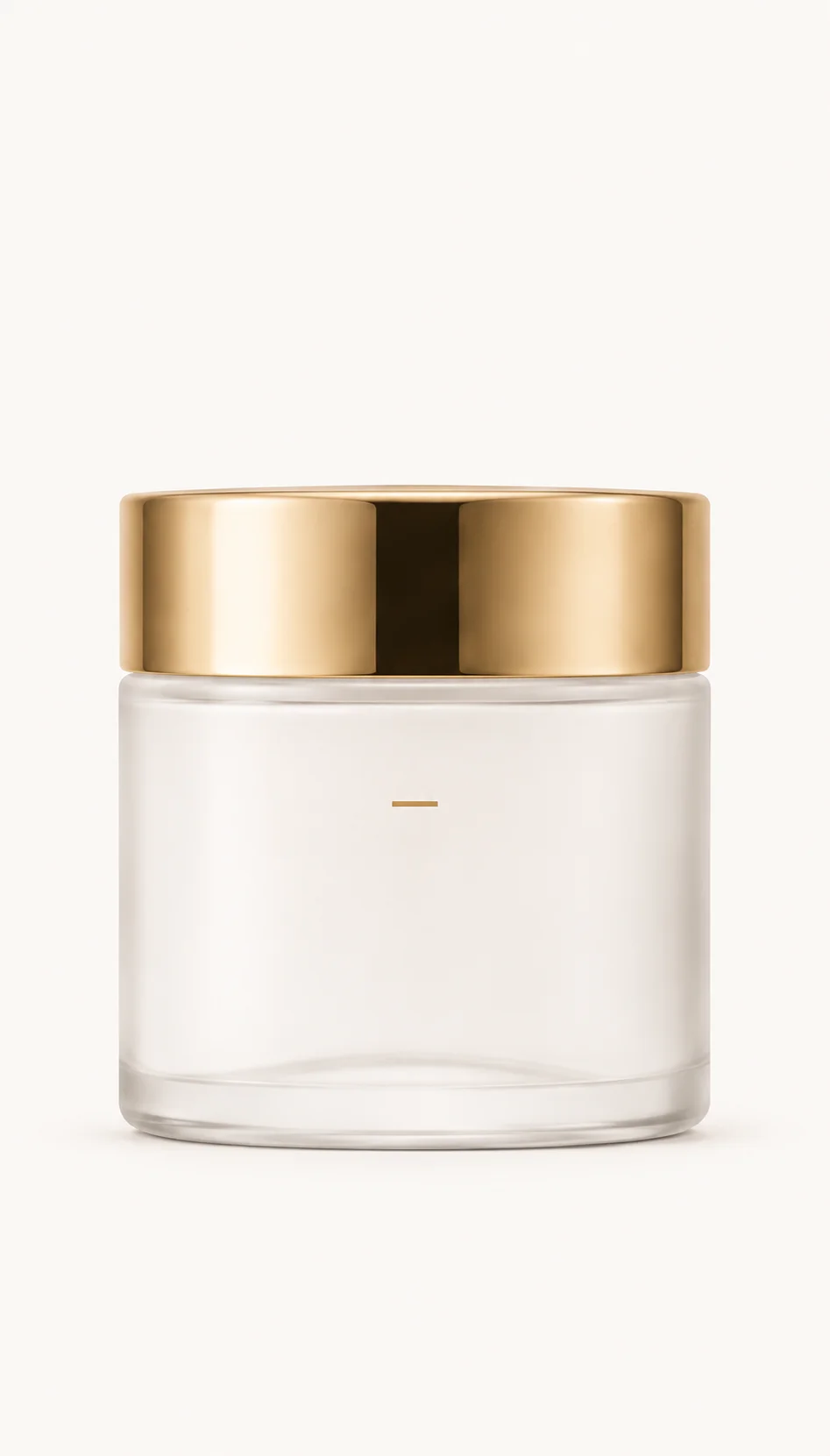 Transparent glass jar with a smooth golden lid on a neutral background, designed with minimalistic style.