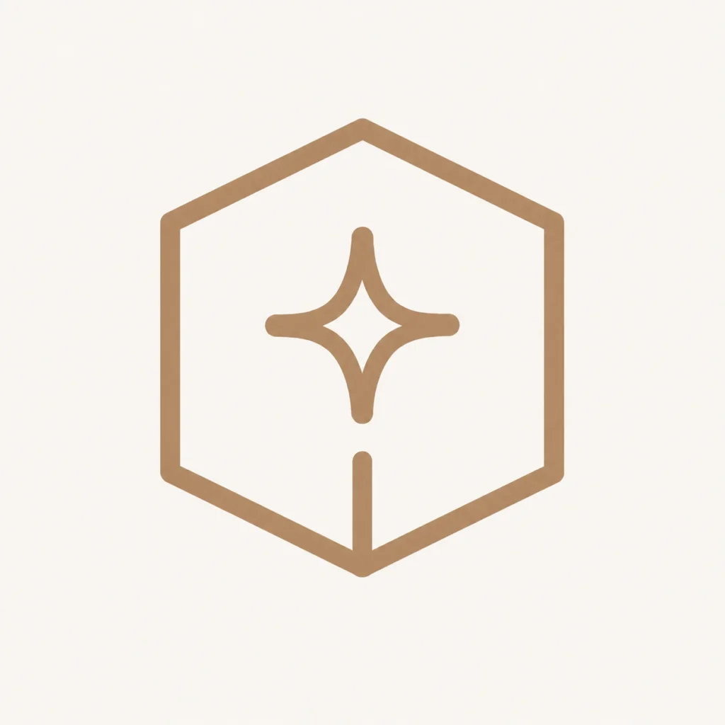 Minimalist logo with a hexagon outline and a centered star-like design in brown on a light background.