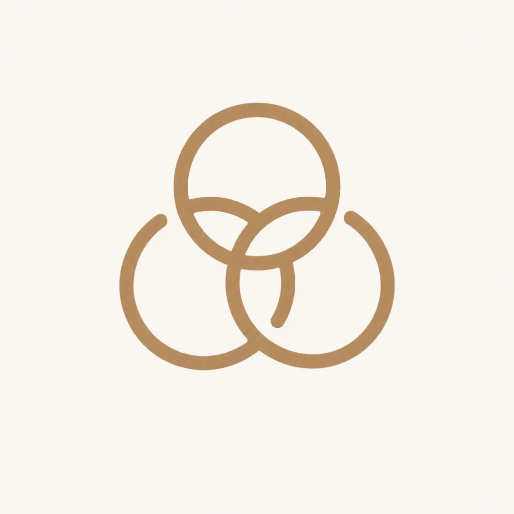 Minimalist design featuring three interlocking brown circular outlines on a beige background.