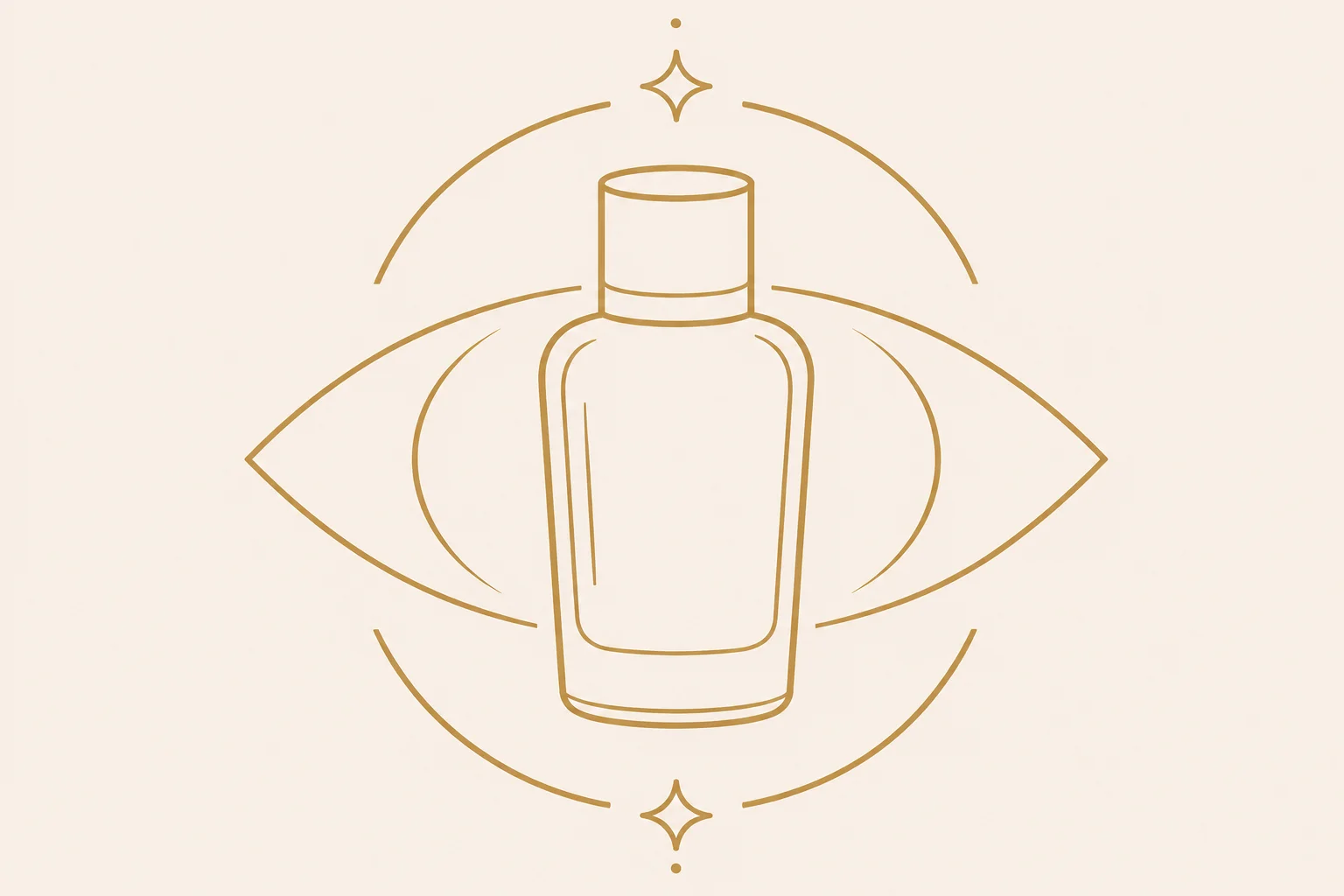 Line art of a skincare bottle surrounded by abstract circular and eye-shaped elements in gold on a beige background.
