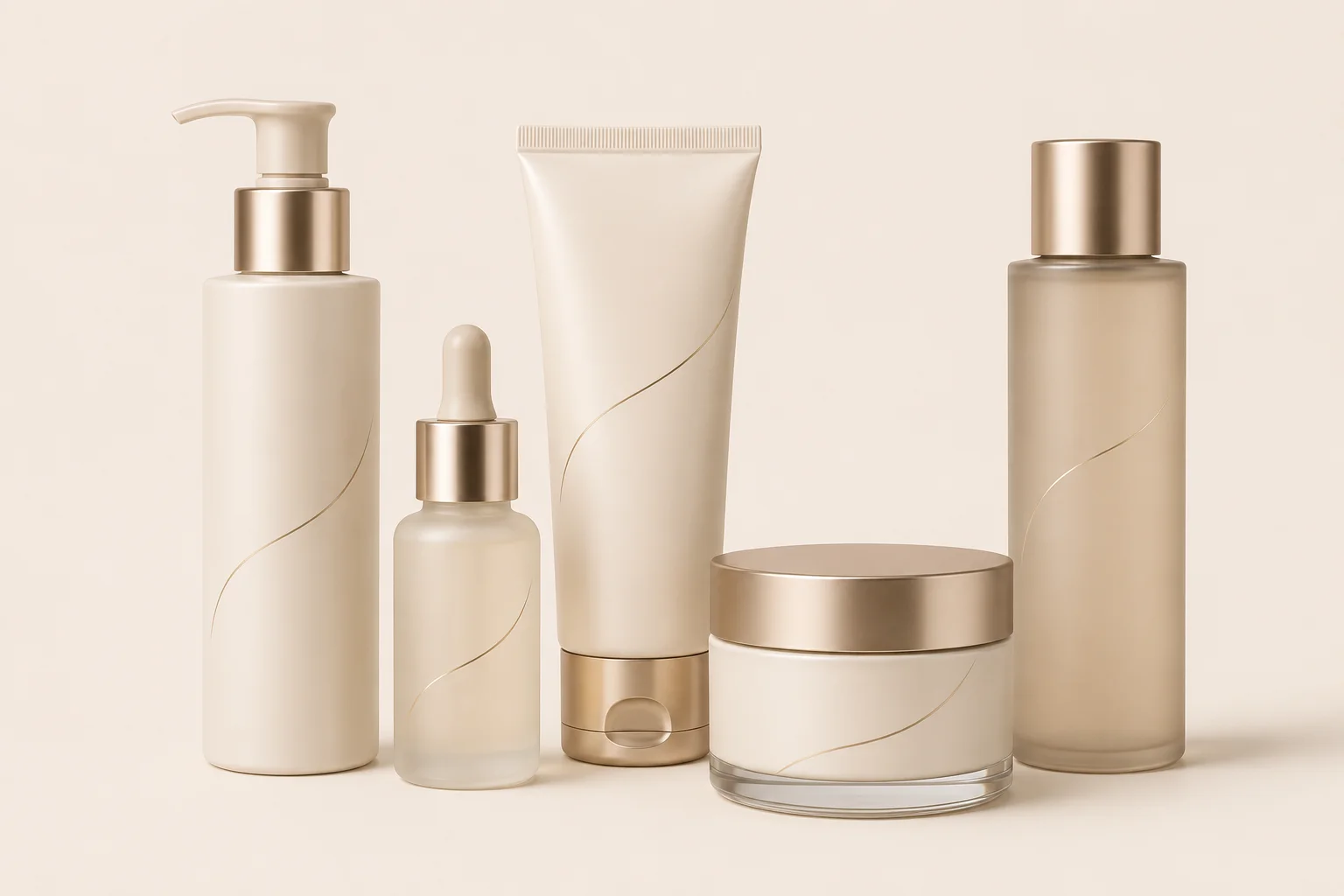 A collection of elegant skincare bottles and containers in neutral hues with minimalist gold accents, showcasing a clean design.