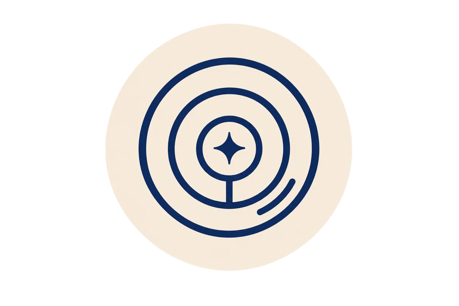 A minimalist blue tree-shaped design with concentric circular patterns and a star emblem at the center, set on a beige background.