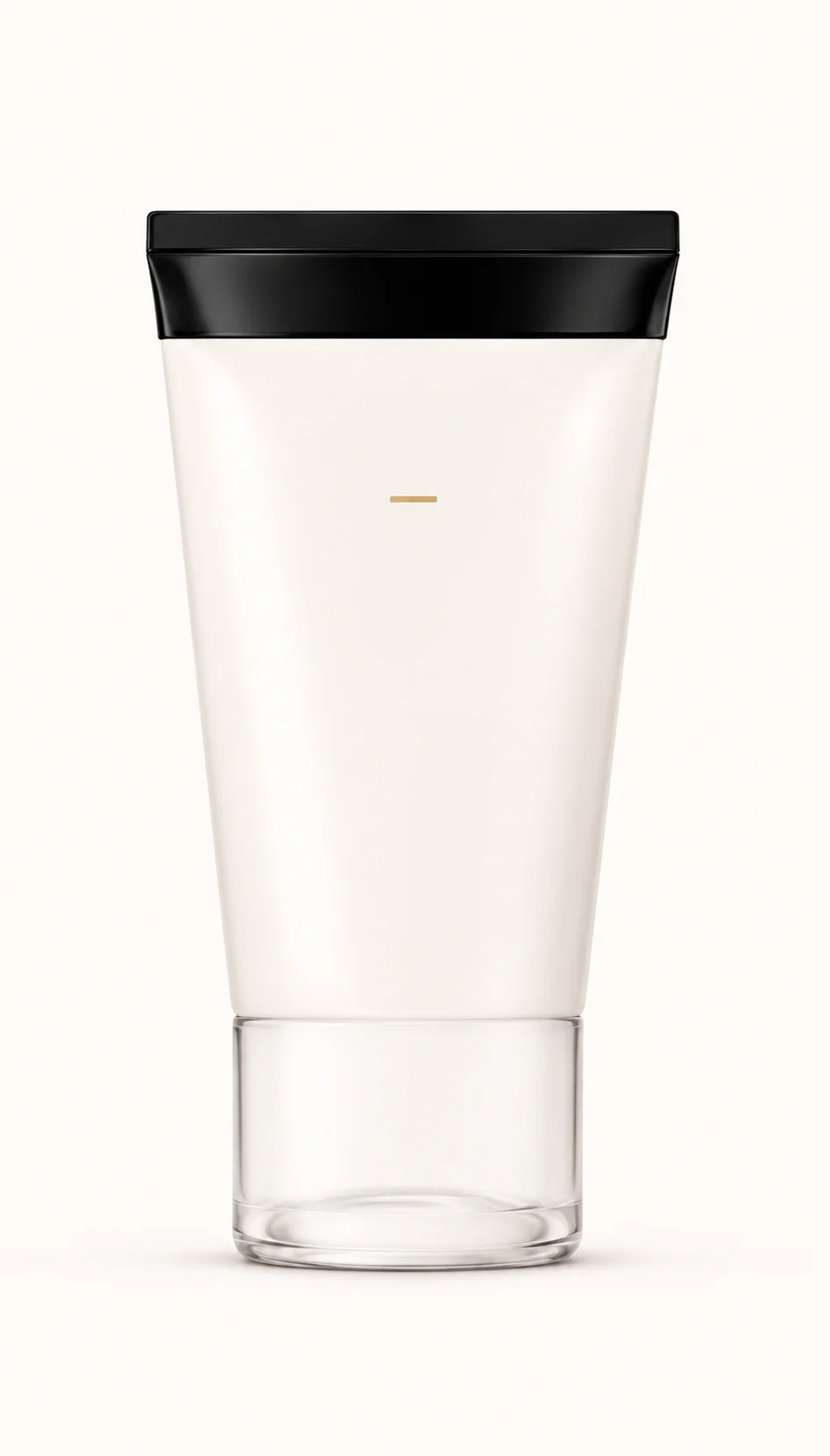 A minimalist white lotion bottle with a black cap and a transparent base, isolated on a light beige background.