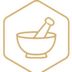 Minimalist outline of a mortar and pestle inside a hexagonal border, representing culinary or medicinal preparation.