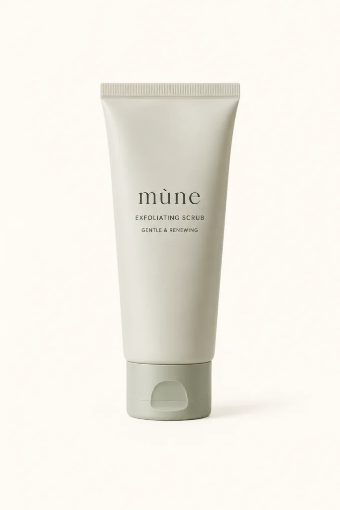 Mune exfoliating scrub in a simple beige tube with minimalist design, labeled 'gentle & renewing,' on a light background.