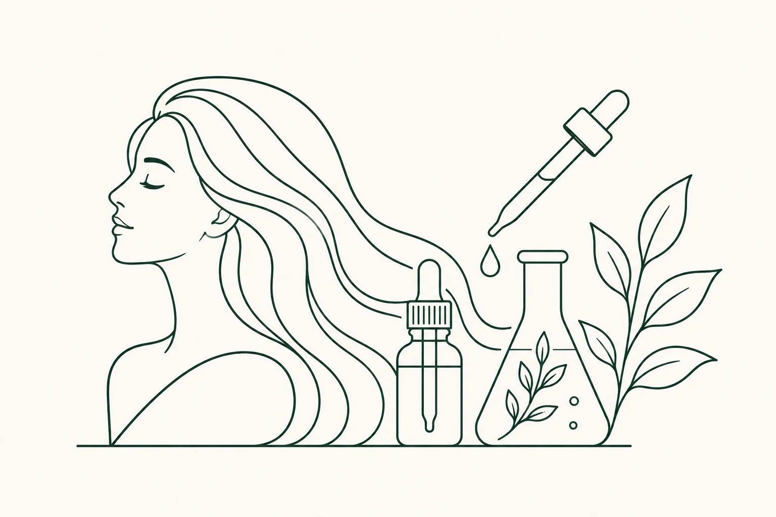 Minimalist illustration of a woman with flowing hair, alongside bottles, a dropper, and plant elements symbolizing natural hair care.