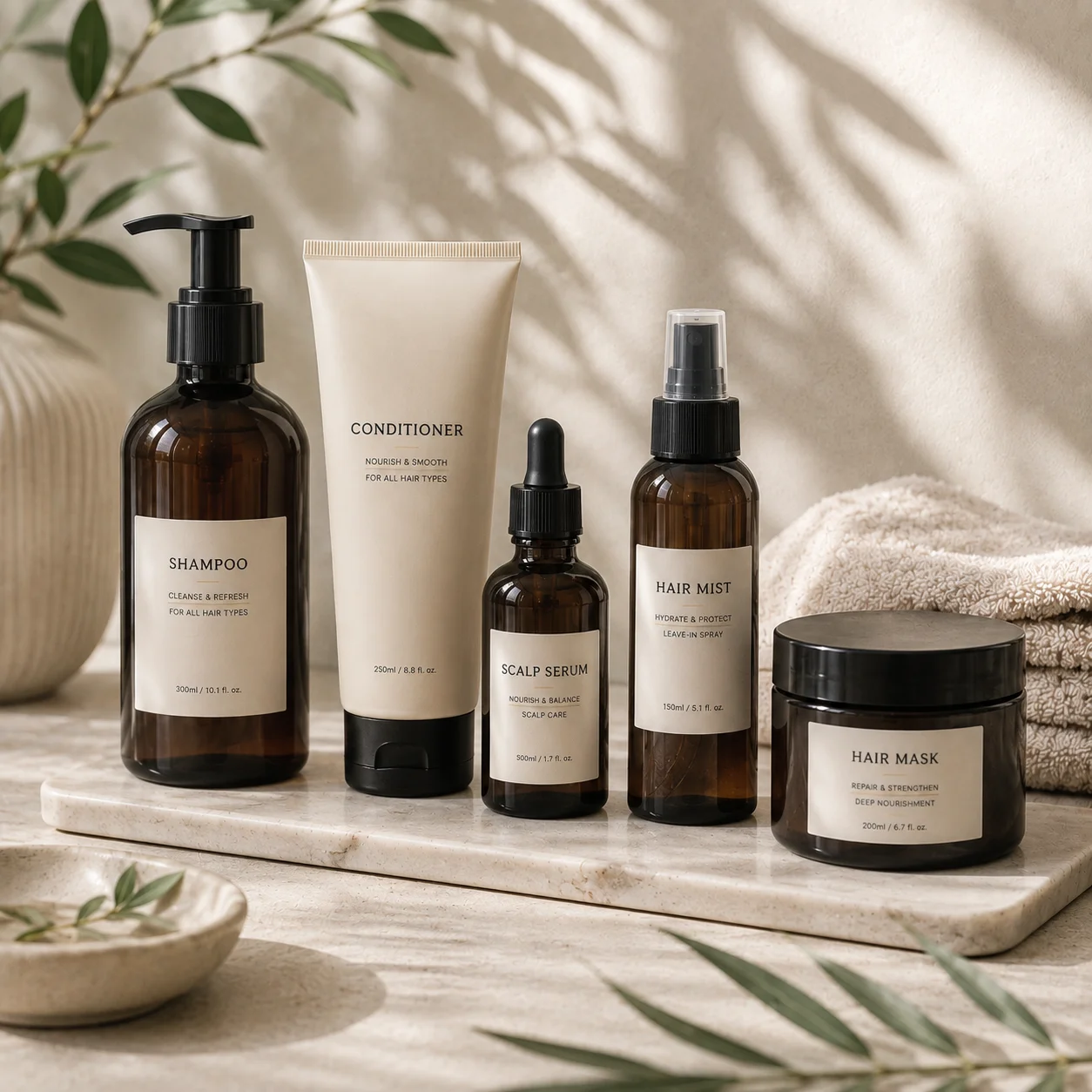 A collection of natural haircare products including shampoo, conditioner, scalp serum, hair mist, and hair mask displayed on a marble surface with soft lighting and greenery.