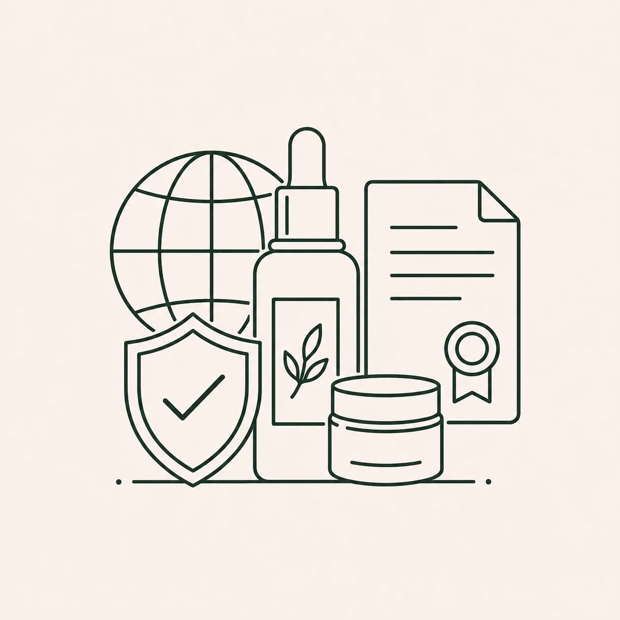 Minimal line art illustration featuring a globe, shield with checkmark, leaf-adorned dropper bottle, cream jar, and certification document.