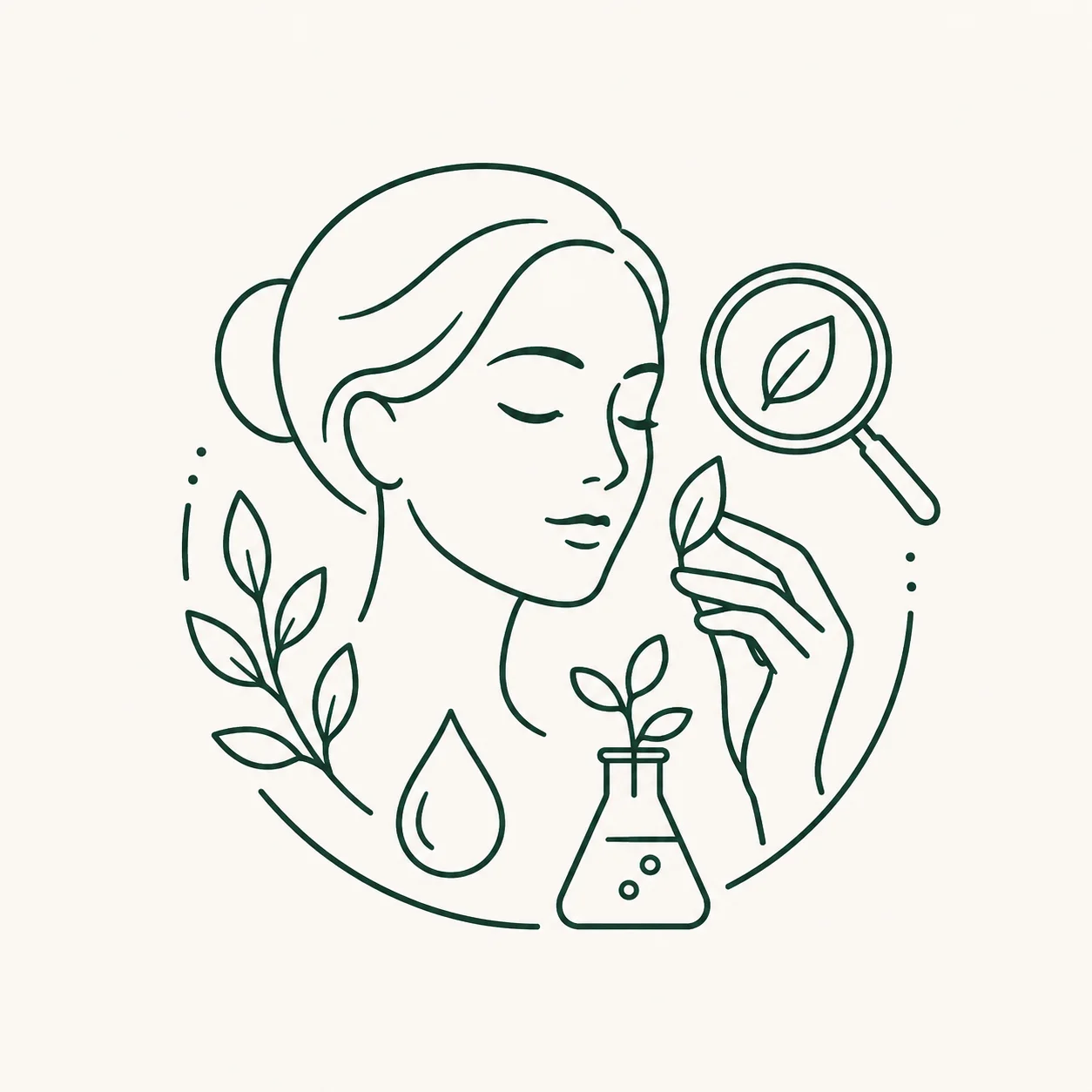 Minimalist line art illustration of a woman holding a leaf, surrounded by botanical elements, a drop, a flask, and a magnifying glass.