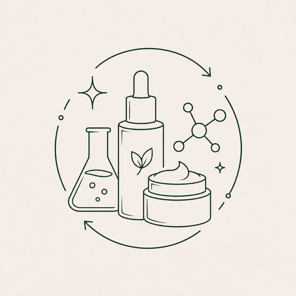 Minimal outline illustration of natural skincare products including a dropper bottle, cream jar, and flask surrounded by symbols of molecules and leaves.