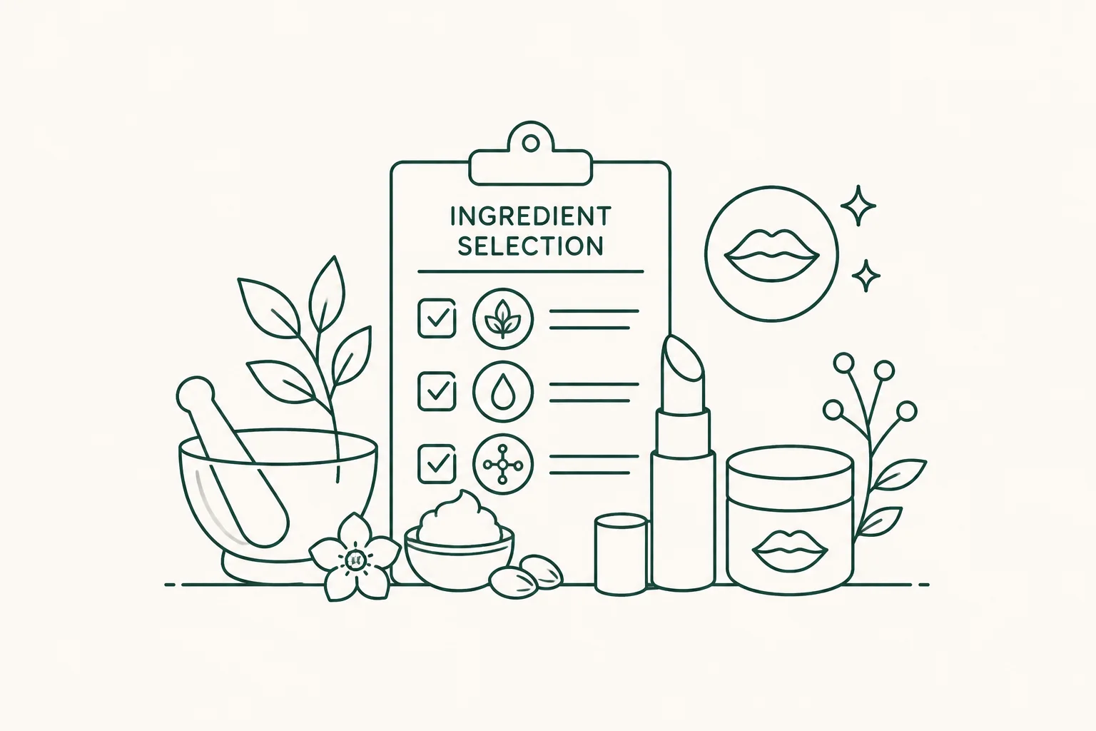 Illustration of natural skincare products with a clipboard labeled 'Ingredient Selection', a mortar and pestle, cream jars, lipstick, and plant elements.