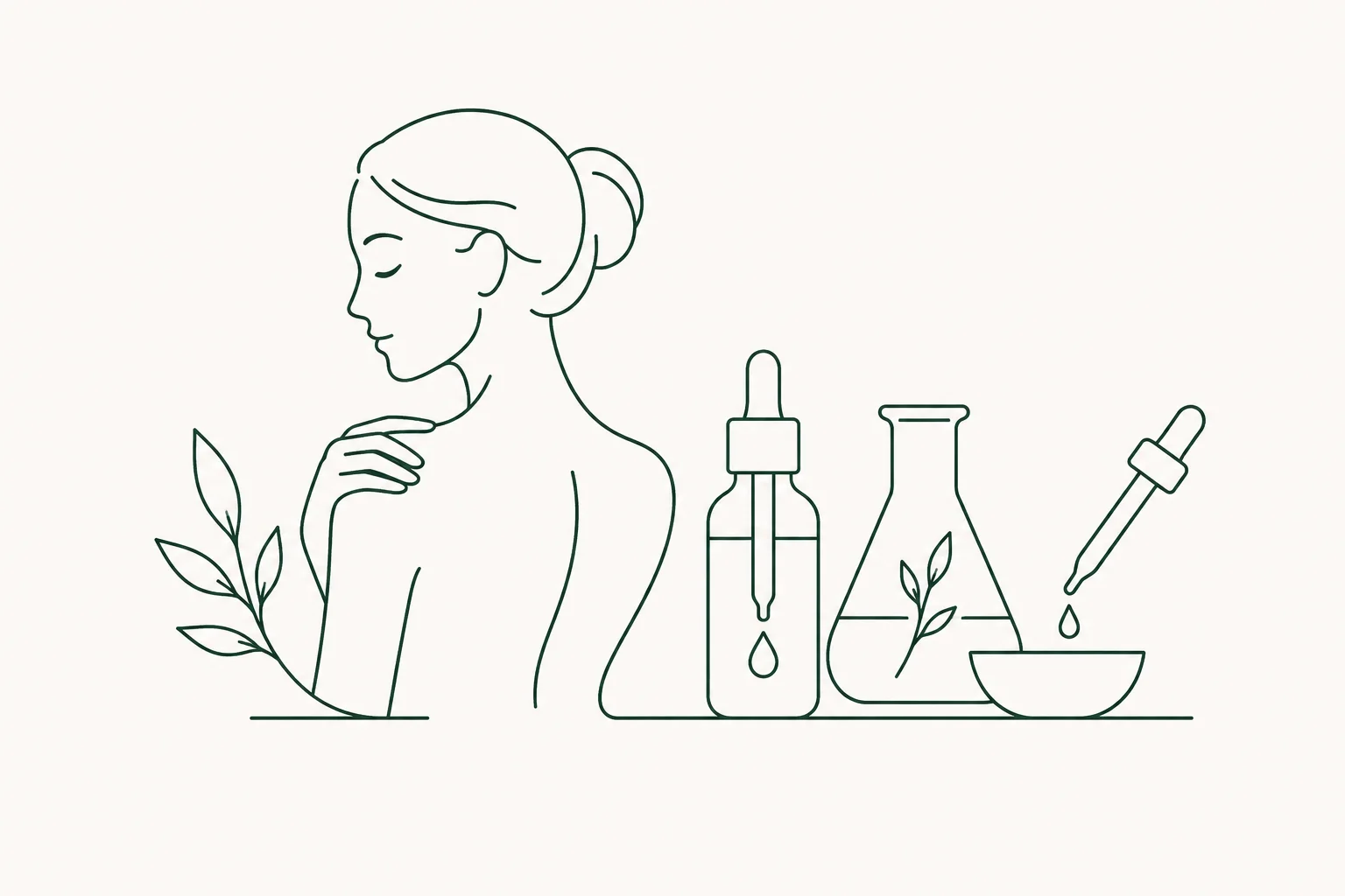 Minimalist line art featuring a woman with a serene pose, alongside natural skincare products like dropper bottles, leaves, and a mixing bowl.