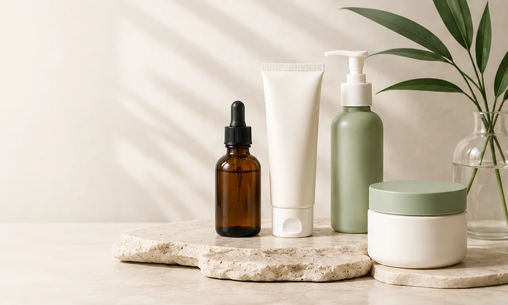 A set of skincare products including a dropper bottle, cream tube, pump bottle, and jar arranged on beige stone slabs with green foliage in the background.