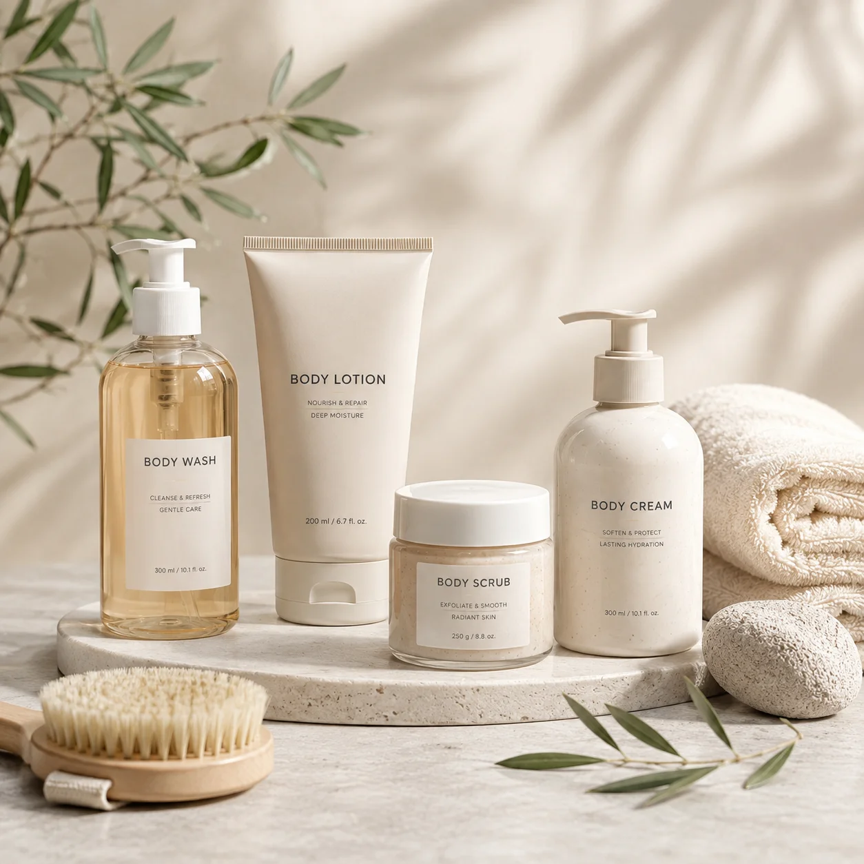 Aesthetic arrangement of natural skincare products including body wash, body scrub, body lotion, and body cream, on a marble tray with a wooden brush, towel, and greenery in a soft-lit setting.