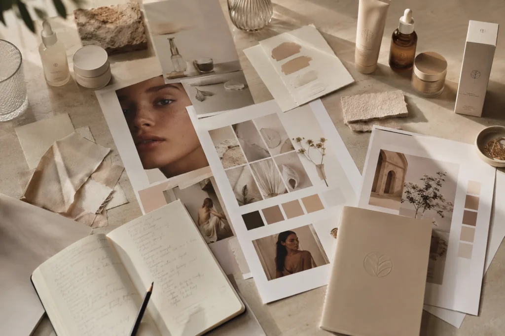 Creative flat lay of a neutral-toned moodboard with skincare products, design swatches, and aesthetic photos on a beige surface.