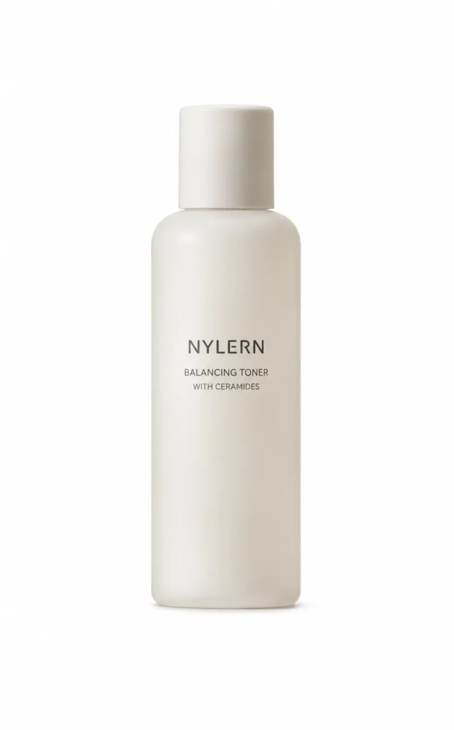 Nylern balancing toner bottle with ceramides, featuring a sleek, minimalistic white design on a white background.