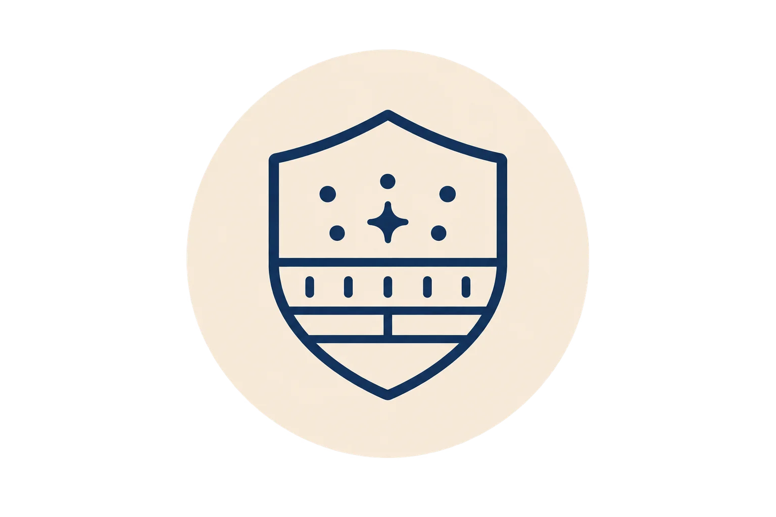 A minimalist icon of a shield with decorative symbols inside, encased in a circular beige background.