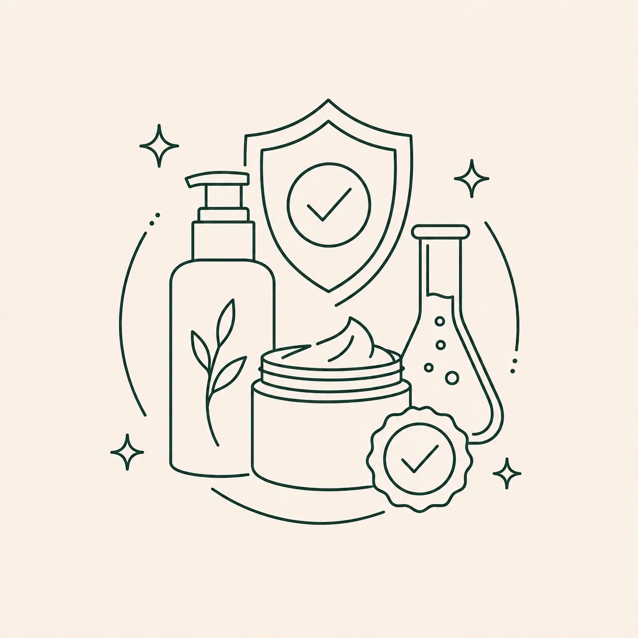Minimalistic line art illustration of skincare products, including a lotion bottle, cream jar, shield with a checkmark, and a beaker, symbolizing safety and natural ingredients.