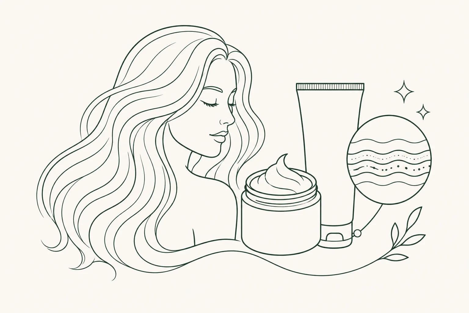 Line art illustration of a woman with flowing hair alongside skincare products, including a jar of cream, a tube, and decorative elements.