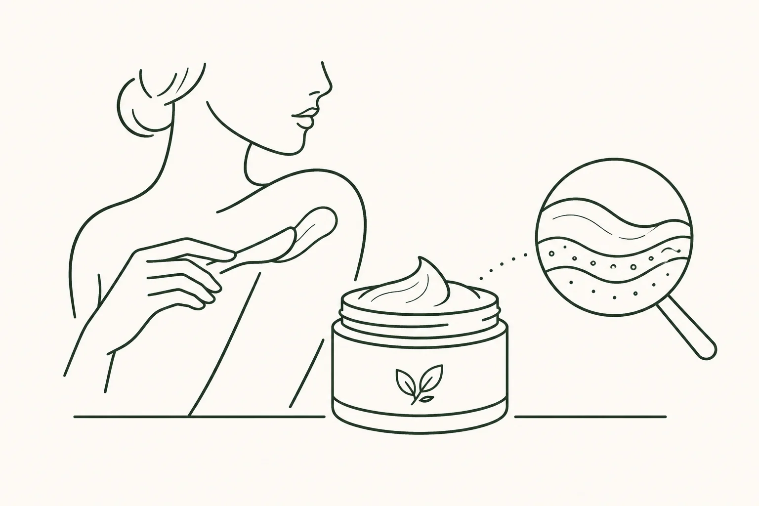 Minimalist line drawing of a woman applying skincare cream, with an open jar of cream and a magnifying glass showcasing skin texture.