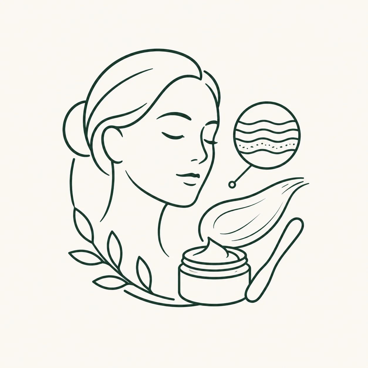 Illustration of a woman with a serene expression, a cream jar, leaves, and a diagram of skin layers, symbolizing skincare and natural beauty.