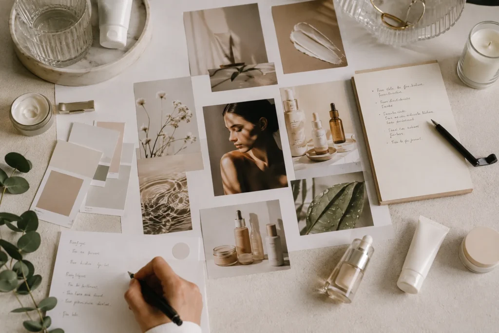 A creative moodboard featuring skincare products, nature-themed images, color swatches, and handwritten notes on a desk.