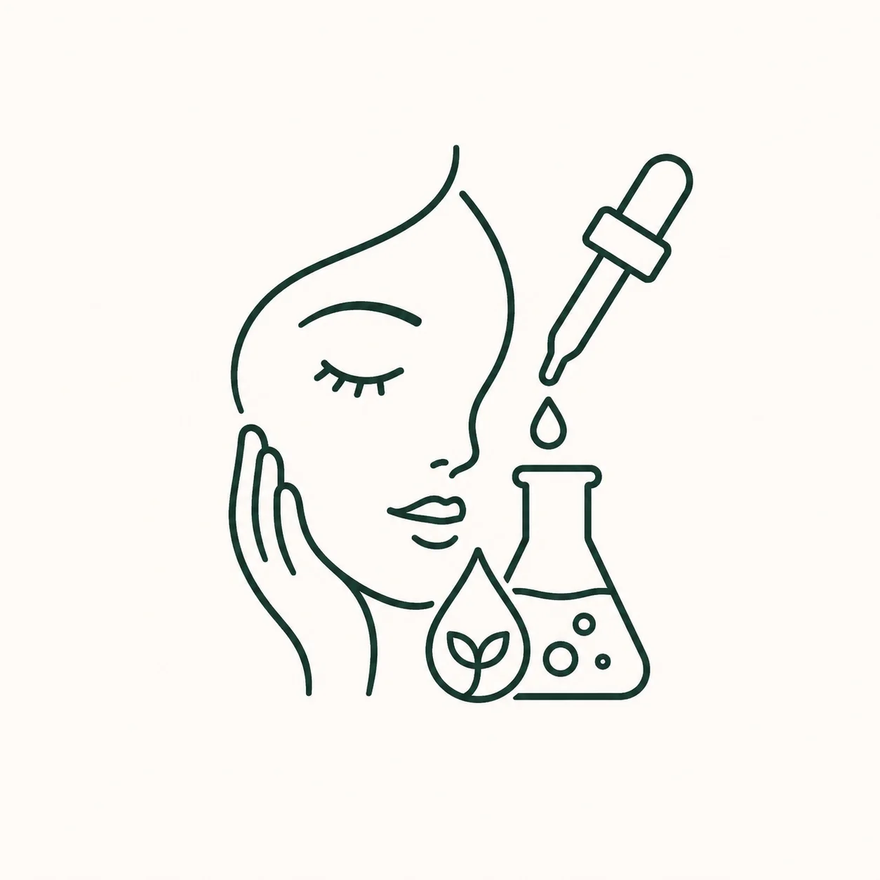 Minimalist illustration of a woman with a dropper, flask, and leaf symbolizing natural skincare and beauty products.