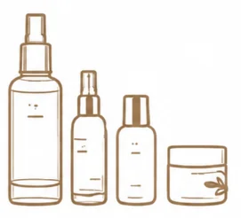 Illustration of four skincare containers, including three spray bottles of varying sizes and one small jar, all in minimalistic outline design.