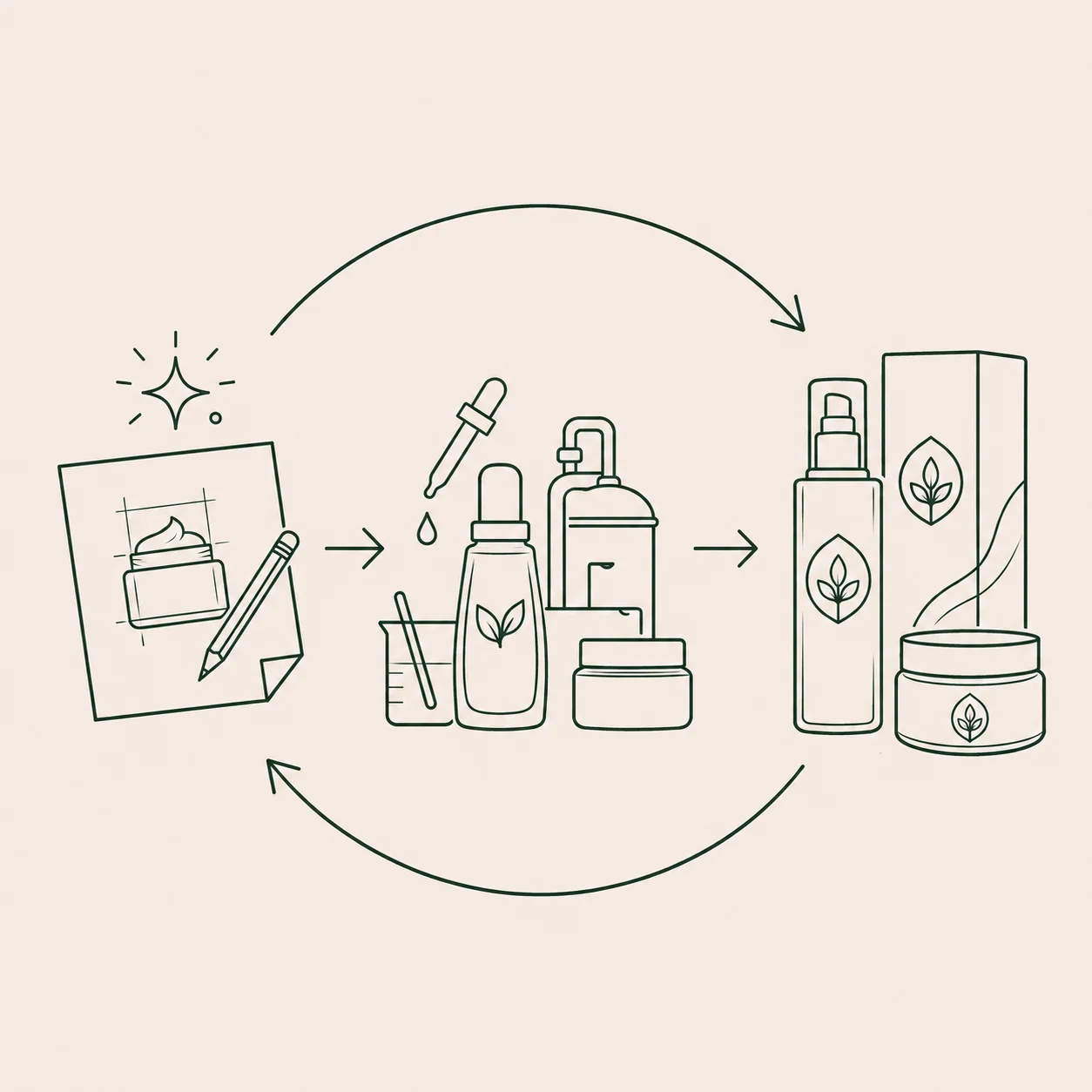 Illustration showing the steps of skincare product creation, including design sketches, formulation, bottling, and packaging.