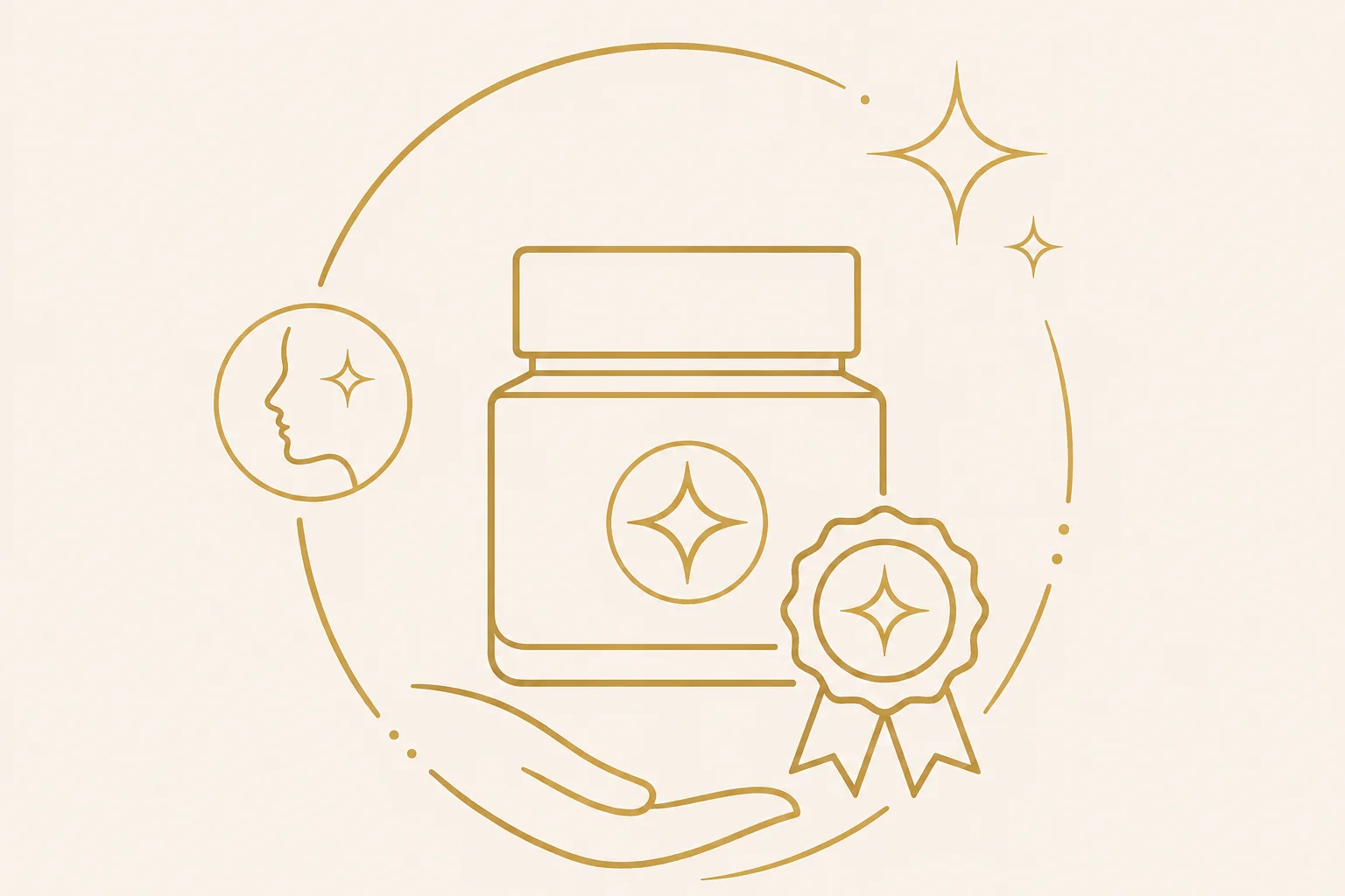 Minimalist gold line art depicting a skincare jar, a certification badge, and a profile outline illustrating skincare benefits.