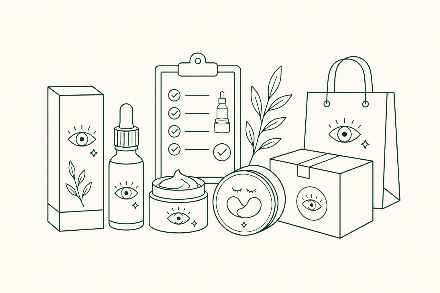 Minimalist illustration of skincare product packaging, including bottles, jars, a checklist, and a shopping bag, surrounded by natural elements.