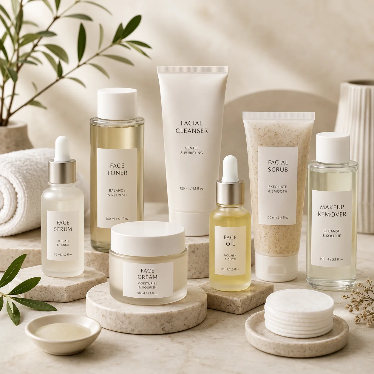 An arrangement of various skincare products including facial cleanser, toner, serum, cream, oil, scrub, and makeup remover, displayed on a beige stone surface with a minimal aesthetic.