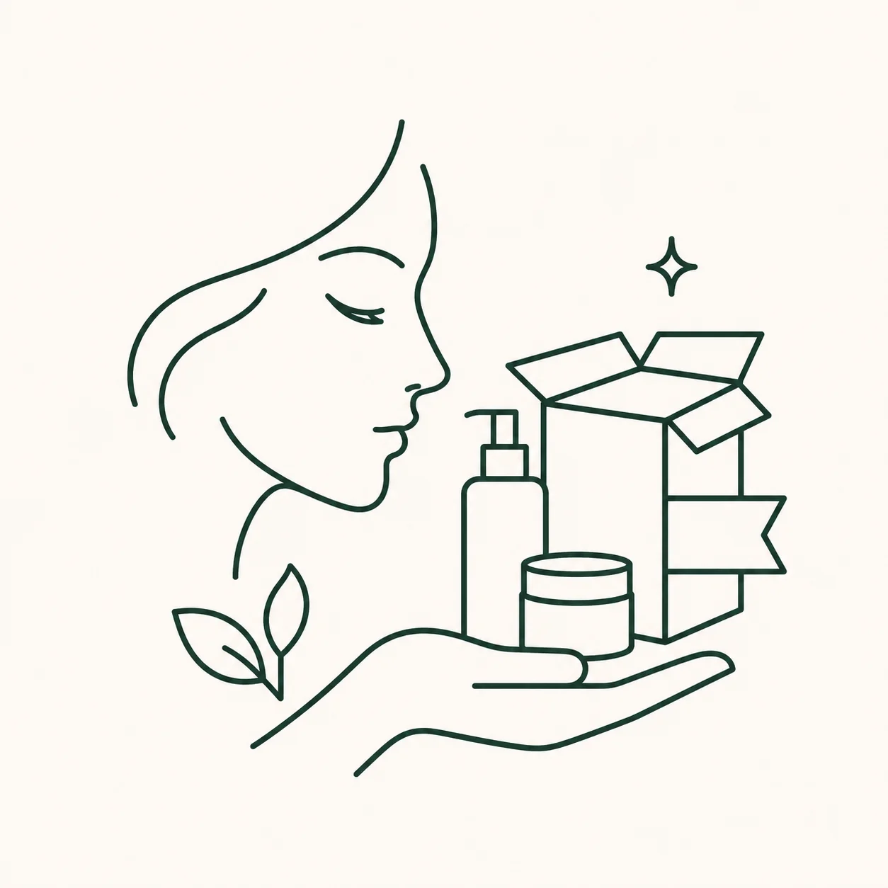 Minimalist line drawing of a woman's profile, a hand holding skincare bottles, a jar, and a box, with eco-friendly leaf and sparkle details.