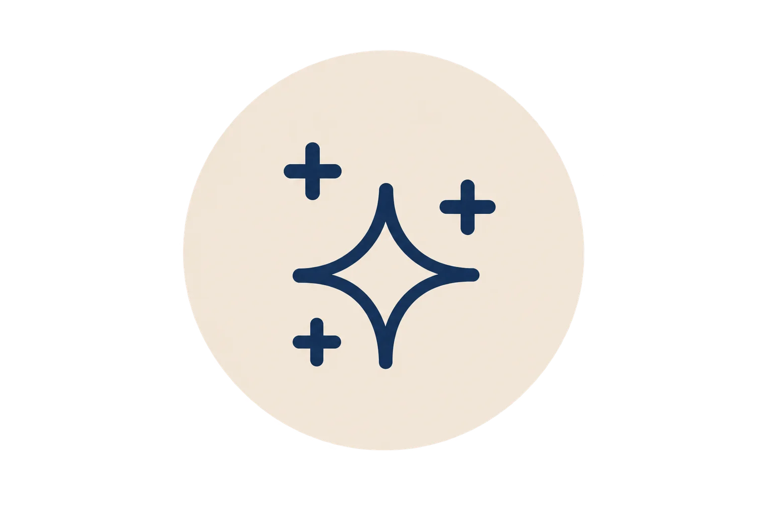 A minimalistic navy blue sparkle icon with surrounding stars on a beige circular background.